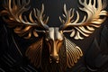 Surreal figure of a moose. Metal material with golden details. Black background.