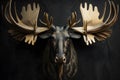 Surreal figure of a moose. Metal material with golden details. Black background.