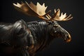 Surreal figure of a moose. Metal material with golden details. Black background.