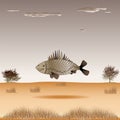 A surreal fish flying over the desert and a shallow-growing shrub.