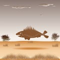 A surreal fish flying over the desert and a shallow-growing shrub.