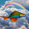 A surreal fish with wings, gliding through a sky filled with fluffy clouds and vibrant rainbows3, Generative AI