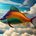A surreal fish with wings, gliding through a sky filled with fluffy clouds and vibrant rainbows5, Generative AI