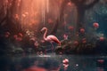 Surreal Flamingo dreamy forest. Generate Ai