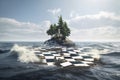 surreal float island, with black and white checkered floor tiles, surrounded by ocean waves
