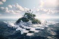 surreal float island, with black and white checkered floor tiles, surrounded by ocean waves