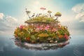 surreal float island filled with blooming flowers and birds singing