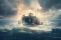 surreal float island suspended above stormy sea, with waves crashing below