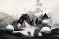 surreal float landscape with black and white color palette, featuring unnatural shapes and textures