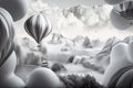 surreal float landscape with black and white color palette, featuring unnatural shapes and textures