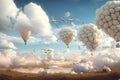 a surreal float landscape with clouds and birds in the sky