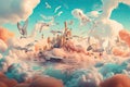 a surreal float landscape with clouds and birds in the sky