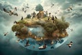 a surreal float landscape with floating islands, swarms of birds and other wildlife