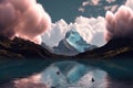 surreal float landscape with mountain lake, surrounded by towering peaks and clouds