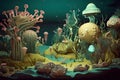 surreal float landscape with mysterious and hidden underwater world, full of strange creatures and plant life