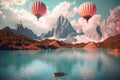 surreal float landscape with peaceful lake and towering mountains in the background