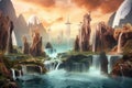 surreal float landscape with towering mountain ranges and cascading waterfalls
