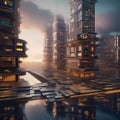 A surreal, floating cityscape with buildings that resemble illuminated books2