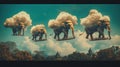 Surreal floating elephants under clouds