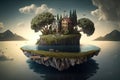 a surreal floating island with a cottage and a dock in the distance Royalty Free Stock Photo