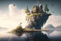 a surreal floating island with a cottage and a dock in the distance Royalty Free Stock Photo