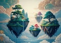 Surreal floating islands with vibrant trees and dreamy clouds