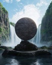 Surreal floating rock formation with waterfalls