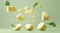 Surreal floating turnip pieces in a serene green background bring calm and creativity to your day