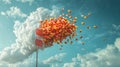 Surreal Floating Vitamin Balloons Ascending into Vibrant Cloudy Sky
