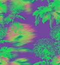 Surreal floral pattern with large flowers and stems in acid shades