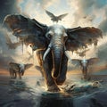 Ai Generated illustration Wildlife Concept of Surreal Flying Elephants Amazing Wildlife