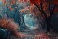 Surreal forest in autumn with leaves changing colors, AI generated Royalty Free Stock Photo