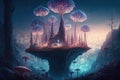 Surreal forest with towering trees and glowing mushrooms, with a city made of crystal in the background illustration generative ai