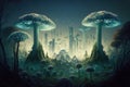 Surreal forest with towering trees and glowing mushrooms, with a city made of crystal in the background illustration generative ai