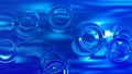 Surreal fractal water reflection drops on surface. 3D abstract swirling waves decoration. Blue circles liquid mercury blurred