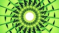 Surreal futuristic background with a tunnel with many rows of rotating geometric forms, seamless loop. Animation. Bright