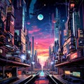 Surreal futuristic cityscape in bold art deco style