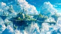 Imaginative digital artwork of a futuristic floating city among the clouds with vivid colors Royalty Free Stock Photo