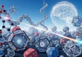 A surreal, futuristic landscape features complex geometrical structures including dodecahedrons and Royalty Free Stock Photo