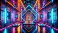 Surreal geometric shapes and glowing neon lights create abstract futuristic floors and walls in a modern room AI Generative