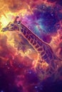 Surreal Giraffe in Cosmic Space with Nebulae and Starry Sky, Fantasy Wildlife Scene, Digital Artwork for Creative Design