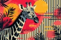 Surreal Giraffe Illustration with Vibrant Jungle Motifs on a Patterned Background