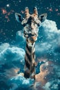 Surreal Giraffe Portrait with Starry Sky Background, Dreamy Cosmic Wildlife Concept, Fantasy Animal Artwork