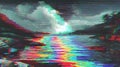Surreal glitch art seascape with distorted reflections, vibrant colors, pixelated textures, dynamic aesthetic Royalty Free Stock Photo