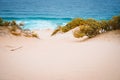 Surreal golden sand dunes on the Atlantic coastline on Baia Das Gatas. North of Calhau, Sao Vicente Island Cape Verde Royalty Free Stock Photo