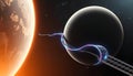 Surreal, gravity-defying bridge twisting and looping through space, connecting two planets with an iridescent energy ribbon 2