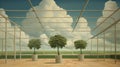 Surreal Greenhouse Gases: Realistic Painting Of A Tranquil Garden With Ethereal Clouds