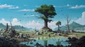 Surreal Habitat Destruction: An Anime Art Illustration Of A Fantastical Ruined Tree