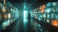 A surreal hallway filled with holographic images depicting various key moments in the past present and possible future Royalty Free Stock Photo