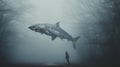 Surreal Horror: Man Observing A Foggy Woodland With A Large Shark